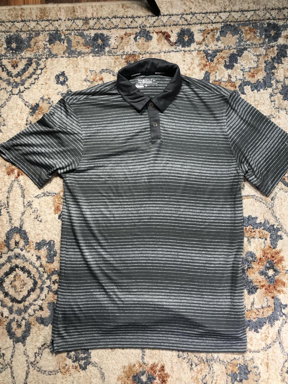Nike Golf Dri-FIT Polo Shirt Mens M Gray Stripe Golf Short Sleeve Performance